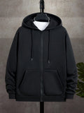 Men's Solid Color Zipper Collar Casual Pocket Drawstring Hoodie For Autumn - MapleCo