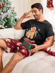 Shein CoupledUp 2pcs Men's Christmas Theme Printed Crew Neck Tee And Shorts Pajama Set - MapleCo