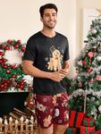 Shein CoupledUp 2pcs Men's Christmas Theme Printed Crew Neck Tee And Shorts Pajama Set - MapleCo