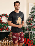 Shein CoupledUp 2pcs Men's Christmas Theme Printed Crew Neck Tee And Shorts Pajama Set - MapleCo