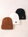 1/3 Packs Unisex Leather Patch Winter Skull Cap Beanies Knitted Cuff Hats Caps Roll-Up Edge Beanie Hats For Men Outdoors