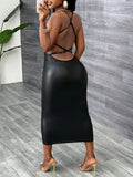 SHEIN Slayr Summer New Style Elegant Sexy Strapless Back Cross Design Backless Waist Slim Midi Skirt Black PU Women's Dress