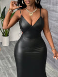 SHEIN Slayr Summer New Style Elegant Sexy Strapless Back Cross Design Backless Waist Slim Midi Skirt Black PU Women's Dress