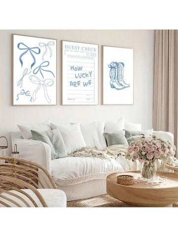 Set Of 3 Coastal Cowgirl Poster Prints, Western Women Wall Art, Elegant Bow Boots, Cute Art, Fashionable Dorm Decor, Unframed