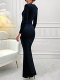 Women's Solid Color Sweetheart Neck Long Sleeve Twist Waist Side Slit Hem Dress, Elegant And Graceful For Spring/Summer