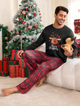 Shein CoupledUp 2pcs/Set Men's Christmas Santa Claus, Gingerbread Man, Snowman And Reindeer Plaid Casual Sleepwear Suit - MapleCo