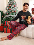 Shein CoupledUp 2pcs/Set Men's Christmas Santa Claus, Gingerbread Man, Snowman And Reindeer Plaid Casual Sleepwear Suit - MapleCo