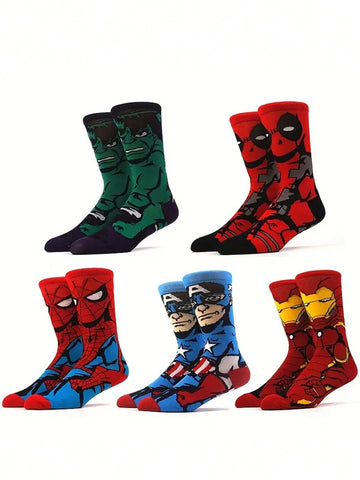 Disney 5 Pairs Of Comfortable Men's Superhero Socks - Soft, Breathable, Calf Socks Elastic, Moisture Wicking, Stylish - Perfect For Gift-Giving, Parties, Everyday Wear, Casual Occasions