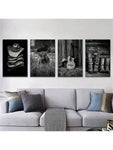 Western Cowboy Wall Art Set Of 4 - Frameless Vintage Farmhouse Canvas Prints, Highland Cow