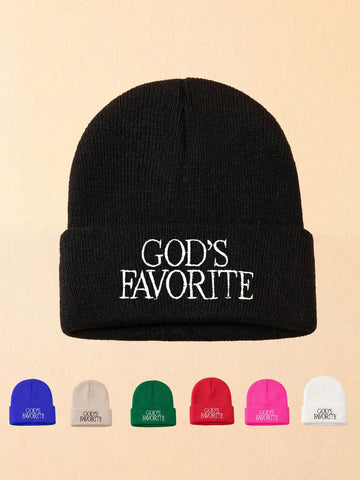 1pc Men's Solid Color Versatile Embroidered Letter "GOD'S FAVORITE" Knit Beanie Hat, Suitable For Autumn/Winter Warmth And Casual Wear