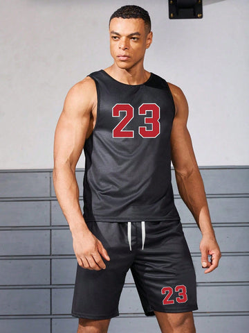 Men's Contrast Color Digit Print Sleeveless Shirt And Shorts Sports Suit