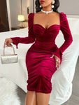 Women's Sexy Solid Color Velvet  Sweetheart Neckline Backless Side Ruched Wrap  Bodycon Dress