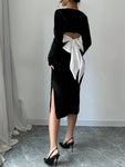 SHEIN Raffinéa Black Velvet Crew Neck Long Sleeve Backless Bow Tie Slit Wrap Women Dress