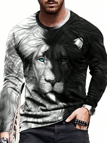 Fashion Casual Colorblock Lion Head Digital Print Long Sleeve Men Shirt - MapleCo