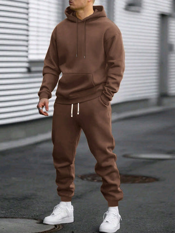 2pcs Men Spring Autumn Hoodie And Sweatpants Set Regular Fit Solid Color Basic Casual Outdoor Basic Pocket Sports Drawstring Waist Pants on