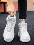 Men's Simple High-Top Lace-Up White Skate Shoes With Contrast Design, Comfortable Breathable Outdoor Casual Sports Sneakers, Unisex, Shoes For Men