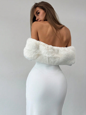 Aloruh Romantic Luxury White Off-Shoulder Furry Bodycon Long Sleeve Maxi Evening Dress For Women