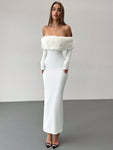 Aloruh Romantic Luxury White Off-Shoulder Furry Bodycon Long Sleeve Maxi Evening Dress For Women