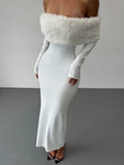 Aloruh Romantic Luxury White Off-Shoulder Furry Bodycon Long Sleeve Maxi Evening Dress For Women