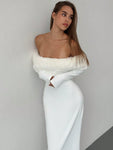 Aloruh Romantic Luxury White Off-Shoulder Furry Bodycon Long Sleeve Maxi Evening Dress For Women