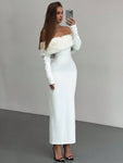 Aloruh Romantic Luxury White Off-Shoulder Furry Bodycon Long Sleeve Maxi Evening Dress For Women