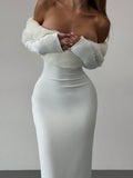 Aloruh Romantic Luxury White Off-Shoulder Furry Bodycon Long Sleeve Maxi Evening Dress For Women