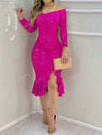 Off Shoulder Long Sleeve Solid Color Sexy High Slit Elegant Ruffle Hem Glitter Party Dress