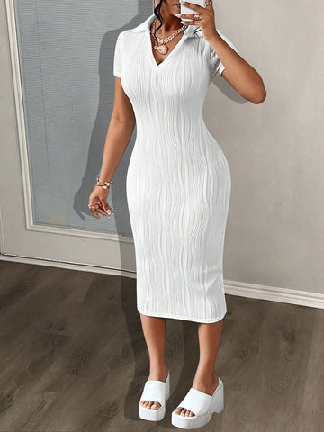 SHEIN Slayr Summer Casual Elegant Simple Basic Model New Lapel V-Neck Short-Sleeved Slim Long Skirt White Wavy Knitted Fabric Women's Dress