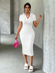 SHEIN Slayr Summer Casual Elegant Simple Basic Model New Lapel V-Neck Short-Sleeved Slim Long Skirt White Wavy Knitted Fabric Women's Dress