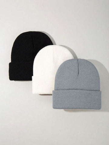 3pcs Men's Simple Solid Color Fashionable Winter Unisex Thickened Warm Winter Hat Halloween