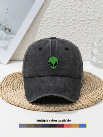 1pc Men's Outdoor Sports Alien Print Adjustable Washed Vintage Alien Streetwear Casual Baseball Cap, Polyester, UPF Protection, Spring Autumn