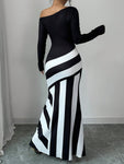 SHEIN Elenzya Sexy Women Black And White Asymmetrical Neck Ruched Striped Mermaid Hem Dress