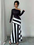 SHEIN Elenzya Sexy Women Black And White Asymmetrical Neck Ruched Striped Mermaid Hem Dress