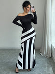 SHEIN Elenzya Sexy Women Black And White Asymmetrical Neck Ruched Striped Mermaid Hem Dress