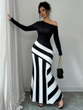 SHEIN Elenzya Sexy Women Black And White Asymmetrical Neck Ruched Striped Mermaid Hem Dress