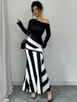 SHEIN Elenzya Sexy Women Black And White Asymmetrical Neck Ruched Striped Mermaid Hem Dress