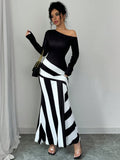 SHEIN Elenzya Sexy Women Black And White Asymmetrical Neck Ruched Striped Mermaid Hem Dress