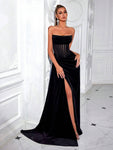 ADYCE ADYCE Solid Strapless Waist Tie Front Split Backless Formal Evening Gown, Maxi Dress, Party Dress (Does Not Include Gloves), Black Elegant Prom Dress, For Wedding Guest, Graduation, Dinner