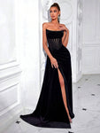 ADYCE ADYCE Solid Strapless Waist Tie Front Split Backless Formal Evening Gown, Maxi Dress, Party Dress (Does Not Include Gloves), Black Elegant Prom Dress, For Wedding Guest, Graduation, Dinner