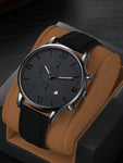 Men Watch 1pc Men's Fashionable Round Dial Quartz Watch With Black Pu Strap And Calendar Function Watch For Men Giving Best Gift Sets