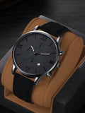 Men Watch 1pc Men's Fashionable Round Dial Quartz Watch With Black Pu Strap And Calendar Function Watch For Men Giving Best Gift Sets