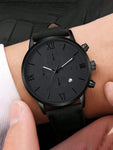 Men Watch 1pc Men's Fashionable Round Dial Quartz Watch With Black Pu Strap And Calendar Function Watch For Men Giving Best Gift Sets