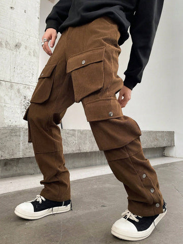 Manfinity Streetrush Relaxed Fit Multi-Pocket Cargo Pants,Khaki Cargo Pants,Fall Men Clothes,Corduroy Pants