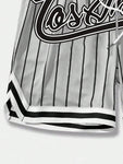 ROMWE Prep Men Striped Letter Printed Drawstring Waist Summer Sports Casual Mesh Shorts, School