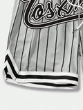 ROMWE Prep Men Striped Letter Printed Drawstring Waist Summer Sports Casual Mesh Shorts, School