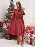 SHEIN LUNE Women's Elegant Christmas Red Plaid Round Neck Long Sleeve Dress