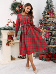 SHEIN LUNE Women's Elegant Christmas Red Plaid Round Neck Long Sleeve Dress