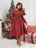 SHEIN LUNE Women's Elegant Christmas Red Plaid Round Neck Long Sleeve Dress