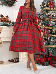 SHEIN LUNE Women's Elegant Christmas Red Plaid Round Neck Long Sleeve Dress