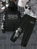 Manfinity LEGND 2pcs Men's Drawstring Letter Print Minimalist Hooded Sweatshirt And Pants Casual Set